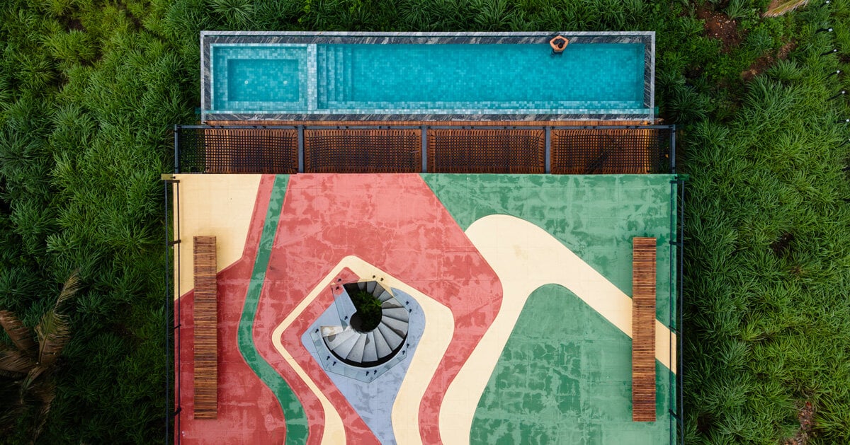 fb+mp arquitetos applies colorful tiling to tune house’s elongated swimming pool in brazil