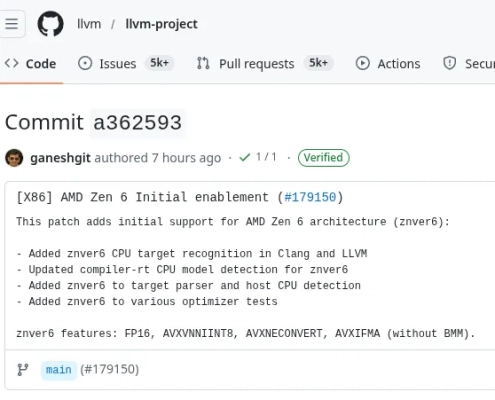 Initial AMD Zen 6 “znver6” Support Merged For LLVM/Clang Initial AMD Zen 6 “znver6” Support Merged For LLVM/Clang