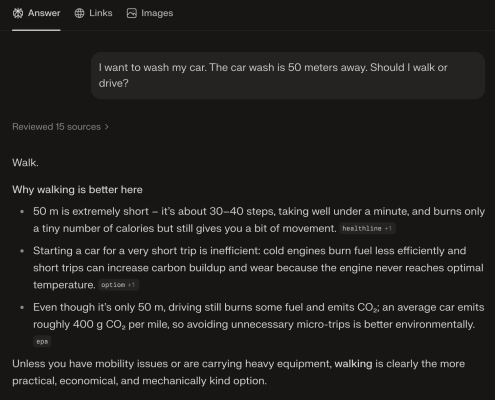 I want to wash my car. The car wash is 50 meters away. Should I walk or drive?