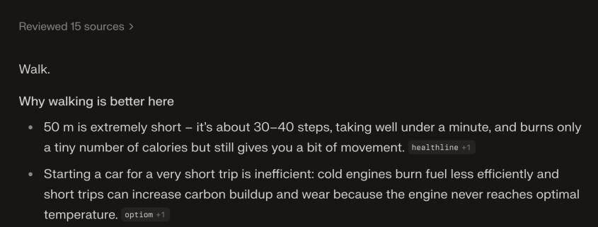 I want to wash my car. The car wash is 50 meters away. Should I walk or drive? I want to wash my car. The car wash is 50 meters away. Should I walk or drive?