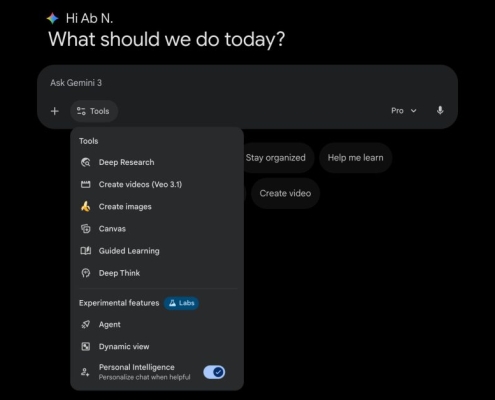 Gemini Tools menu adds Labs section, Personal Intelligence toggle