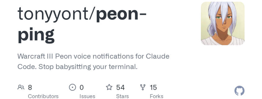 tonyyont/peon-ping: Warcraft III Peon voice notifications for Claude Code. Stop babysitting your terminal.