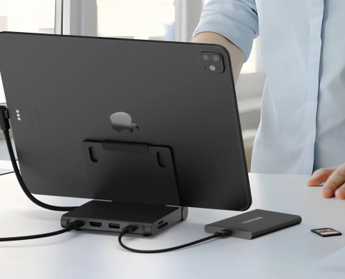 Travel-friendly iPad stand adds the ports you need