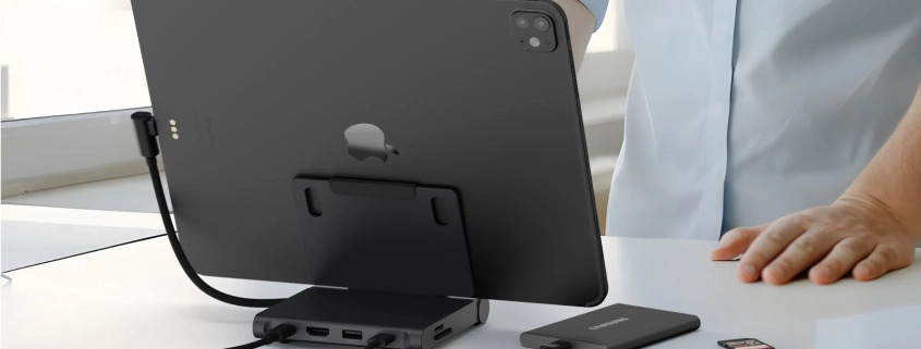 Travel-friendly iPad stand adds the ports you need